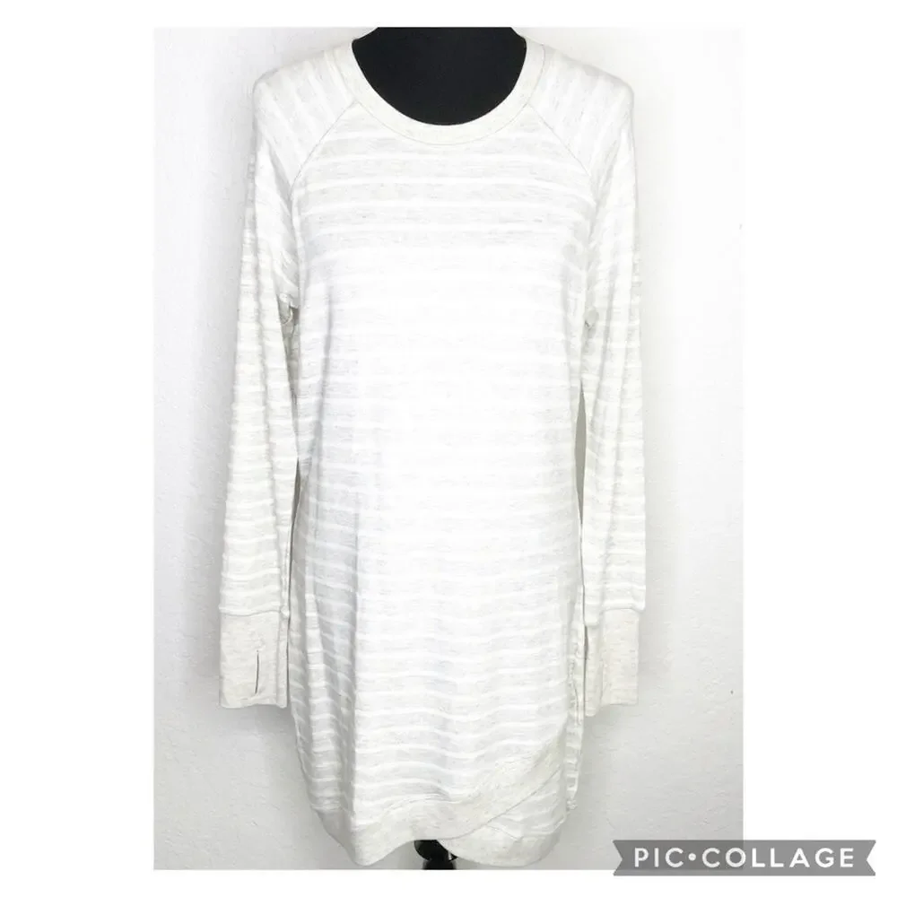 Athleta oatmeal white striped knit tunic asymmetrical hem dress size Medium